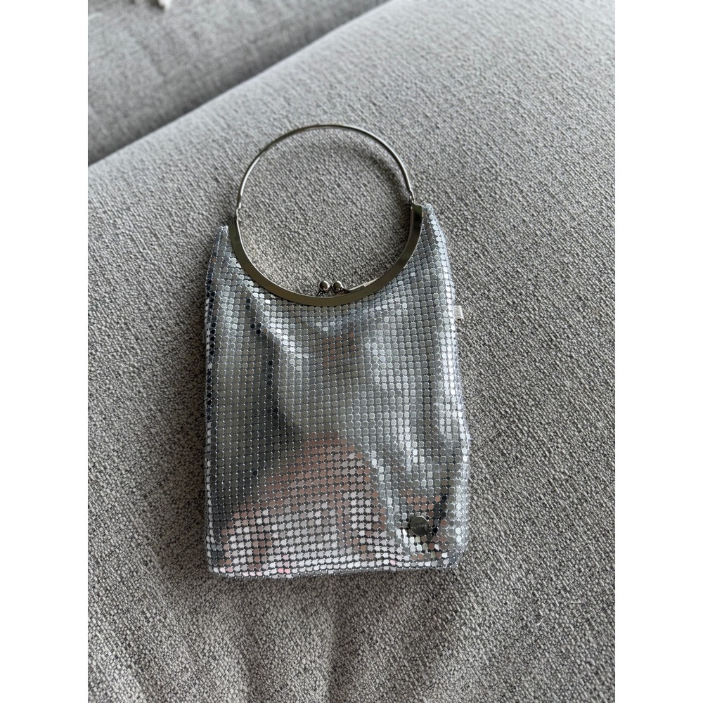 Olga Berg Silver Chainmail Evening Bag Metallic Mesh Clutch with Round Handle